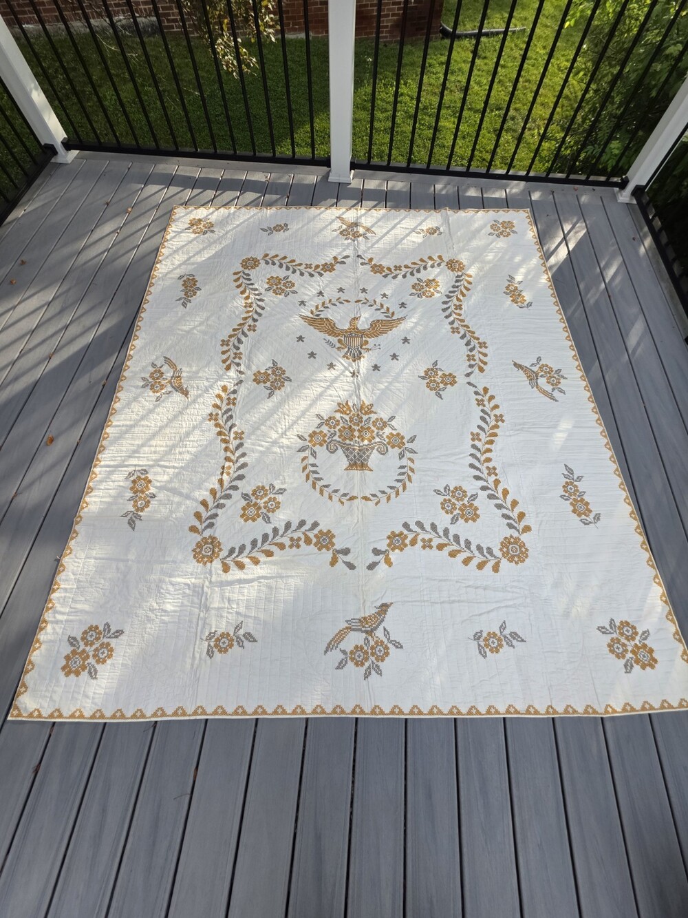 Vtg Hand Embroidered Eagle Floral Bedspread Coverlet 81x97 Colonial Folk Art b15